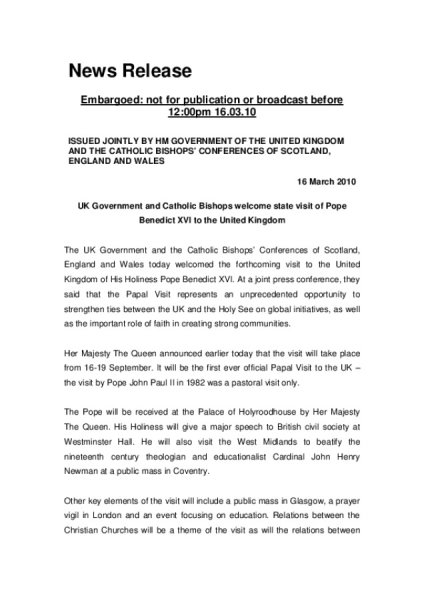 Papal Press Release