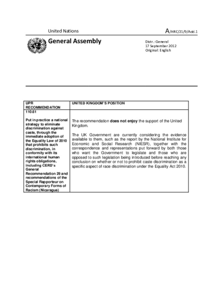 United Nations UPR Recommendation on Caste