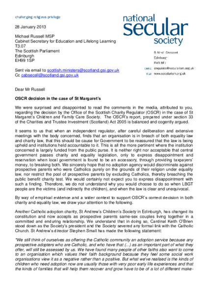 Letter to Michael Russell Re OSCR ruling