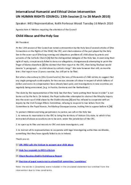 Child Abuse and the Holy See Intervention at UN 16 March 2010