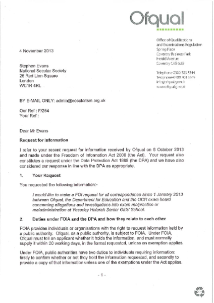Ofqual FOI Response to National Secular Society