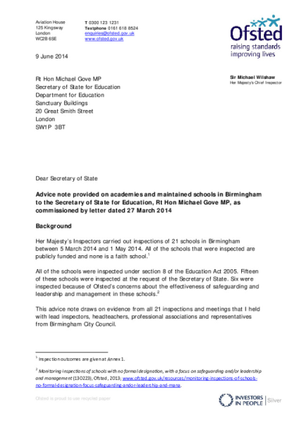 Advice note provided on academies and maintained schools in Birmingham to the Secretary of State for Education Rt Hon Michael Gove MP (1)