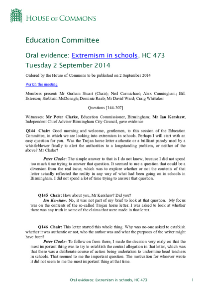 Education Committee Oral evidence Extremism in schools 08 09 14