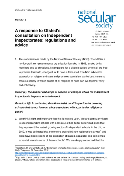 NSS Response to consultation inspectorates May 2014 FINAL