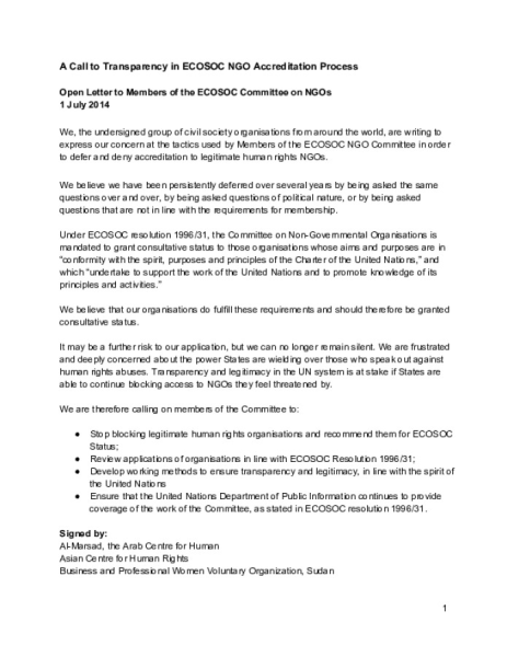 Open Letter to ECOSOC Members July2014