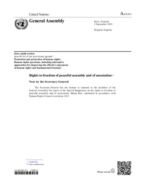 Report of the SR on Freedom of Assembly October 2014