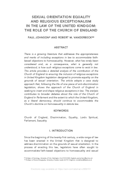 Sexual orientation equality and religious exceptionalism in the law of the United Kindgom: the role of the Church of England