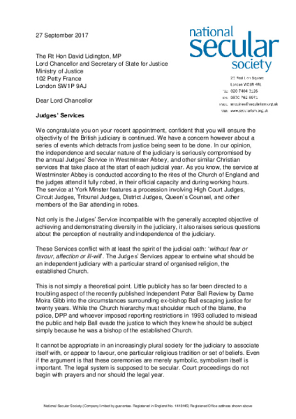 Letter to Justice Secretary - judges' services Sept 2017