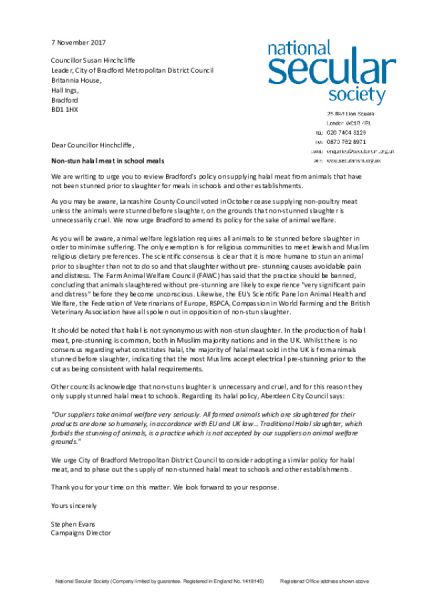 Letter to Bradford Metropolitan District Council - un-stunned halal