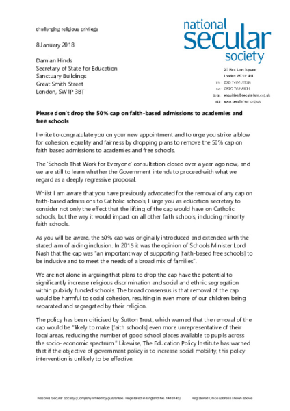 Letter to Damian Hinds on faith admissions cap