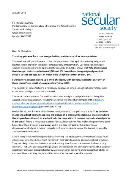 Letter to Sir Theodore Agnew: School reorganisations