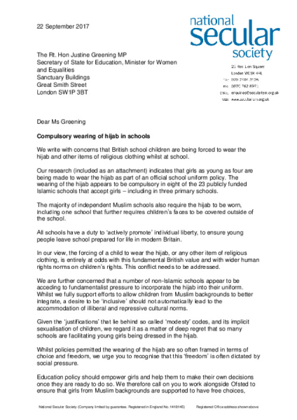 Letter to Justine Greening: hijabs
