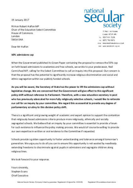 Letter to Robert Halfon - admissions cap