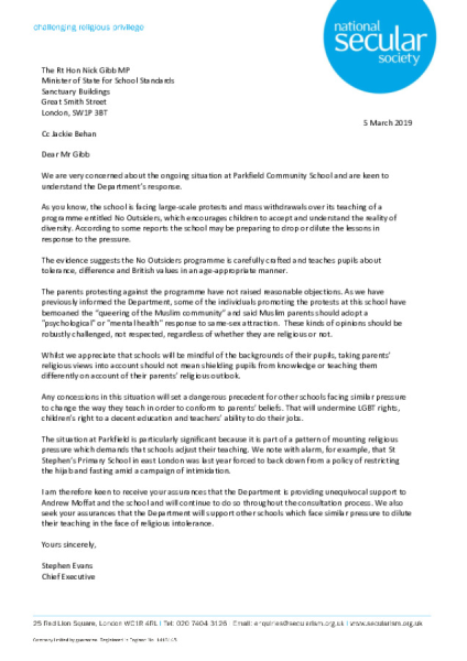 Parkfield Community School letter to DfE