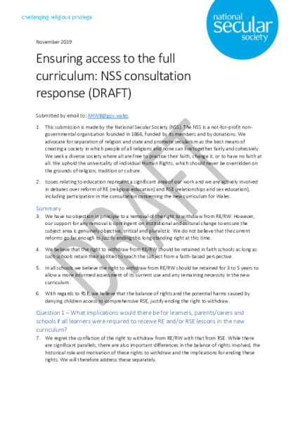 Ensuring access to the full curriculum NSS consultation response