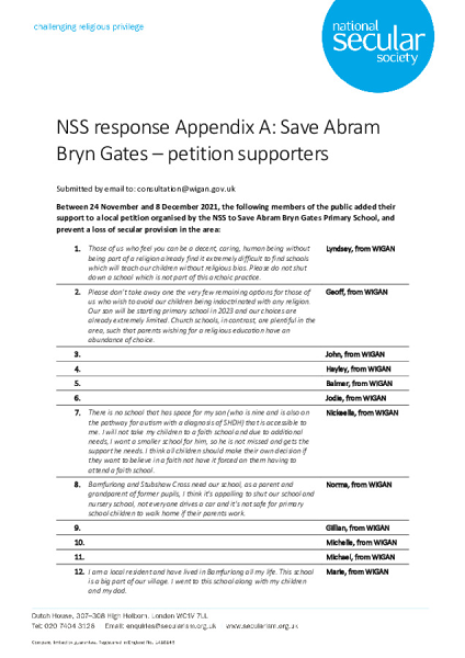 NSS response Appendix A Save Abram Bryn Gates – petition supporters