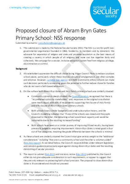 Proposed closure of Abram Bryn Gates Primary School NSS response (DRAFT)